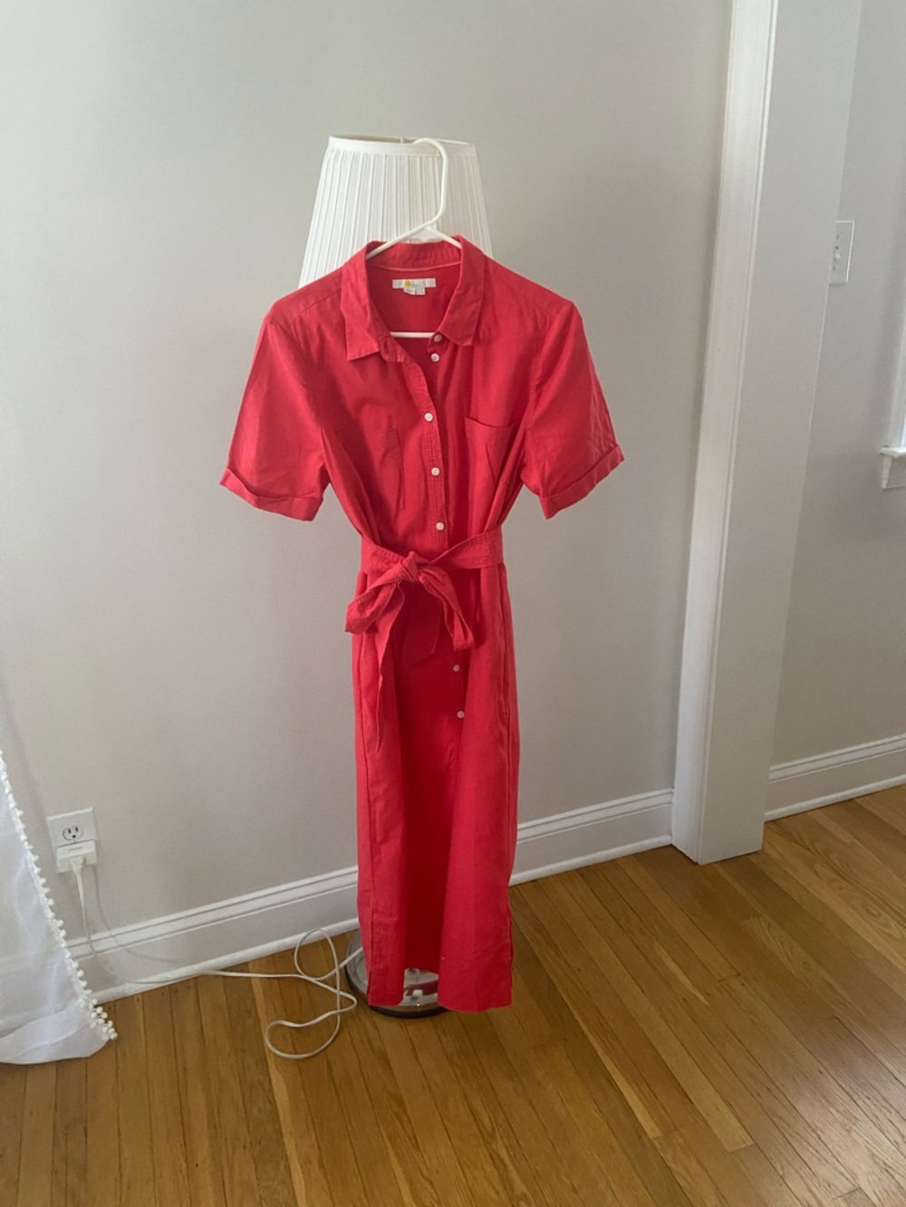 Boden Linen Red Tie-Waist Midi Shirt Dress